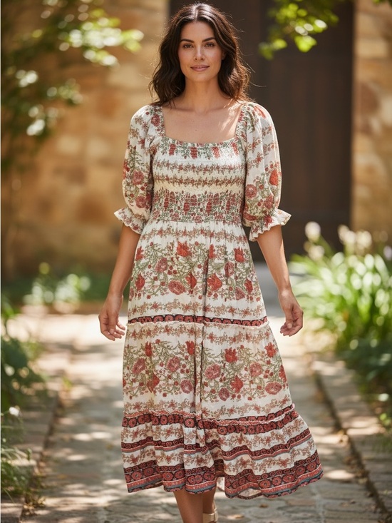 Zudio Dresses & Skirts - Floral Smocked Midi Dress Puff Sleeves